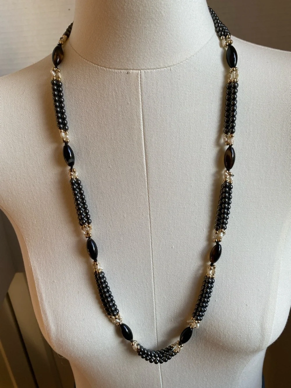 VTG 70s Multi-Strand Liquid Hematite Banded Agate Necklace | Silk Strung | 28" - Picture 2 of 16